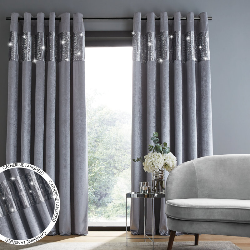 Crushed Velvet Glamour Sequin Lined Eyelet Curtains, Width 168 x Drop 137 cm