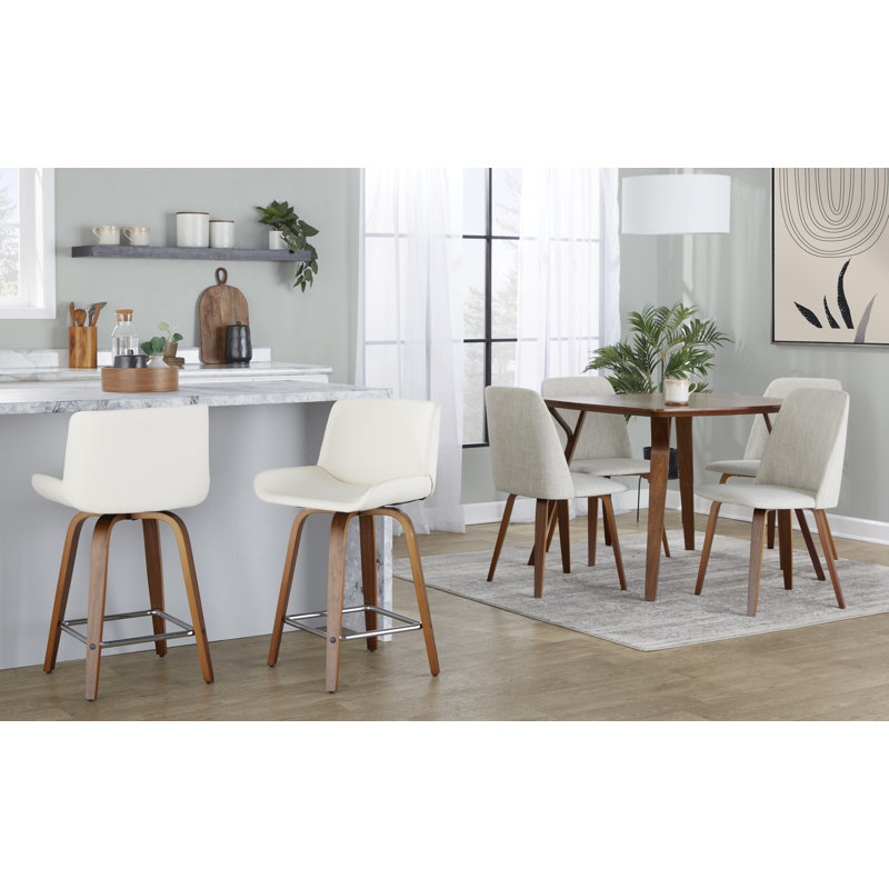 Rondell 24" Fixed-Height Counter Stools with Square Footrests, White Faux Leather/Walnut Frame, Short Stool (23” Seat Height)