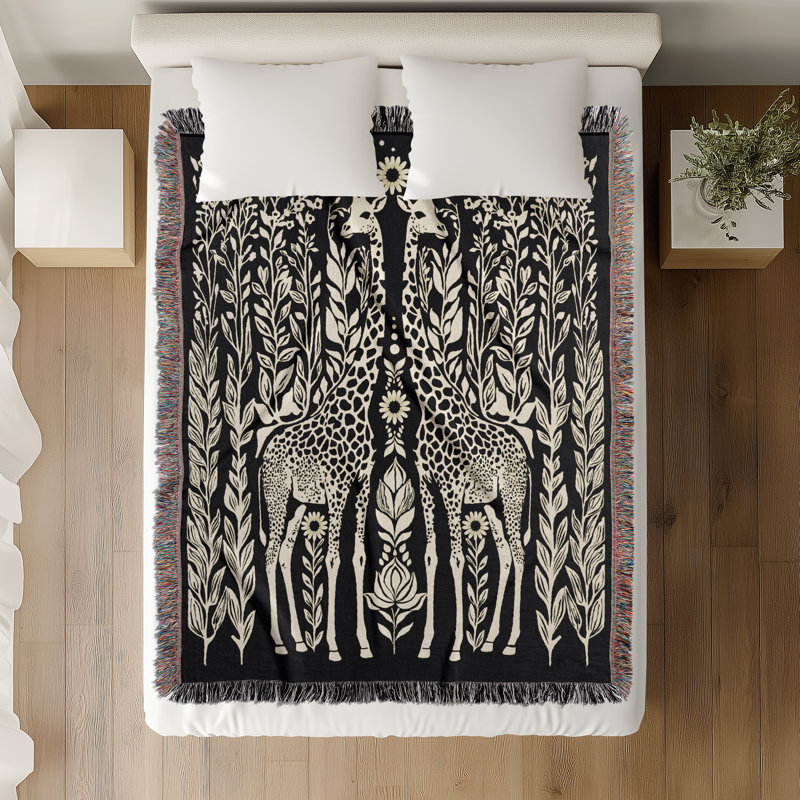 Jeté en mélange de coton Josu Giraffe, L 70 po x l 50 po, Noir / blanc cassé