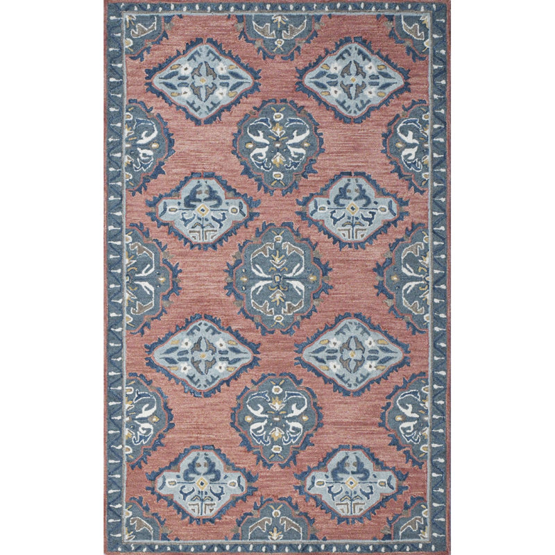 Tapis en laine crocheté à la main bleu / rouge délavé / crème Vintage Glory, Rectangle 5 pi x 8 pi