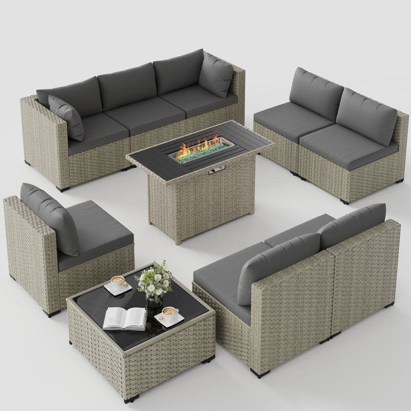 9 Pieces Design-Oriented Rattan Patio Conversation Sets With Fire Pit, Gray