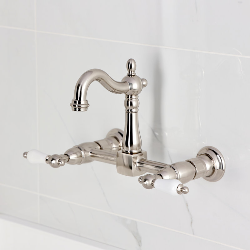 Kingston Brass Heritage Double-Handle 2-Hole Wall-Mount Bridge Kitchen Faucet, Brushed Nickel