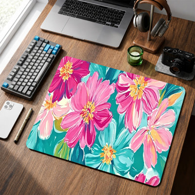 Tapis de souris en caoutchouc, surface lisse en microfibre, base antidérapante, bords arrondis, idéal pour le bureau et les jeux, 30,5 x 20,3 cm, motif floral impressionniste rose et turquoise.