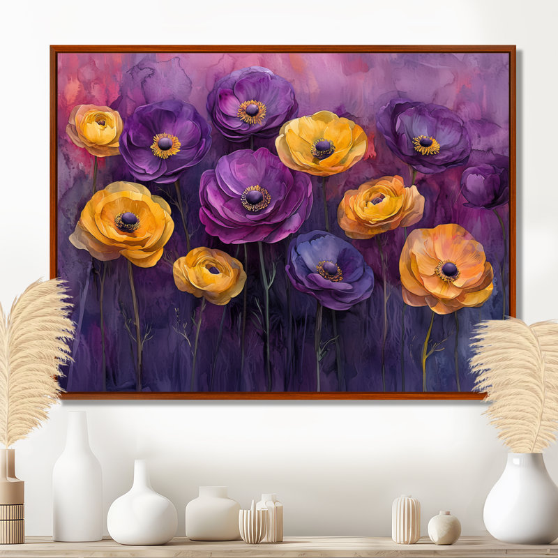 Lavande, fleurs de renoncule champ III - Renoncule, art mural de salon, H 16 po x l 32 po, Cadre flottant brun