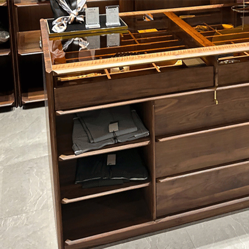 Comptoir rectangulaire en verre trempé transparent de 47,24 po, corps d'armoire en bois de noyer brun, armoire à bijoux