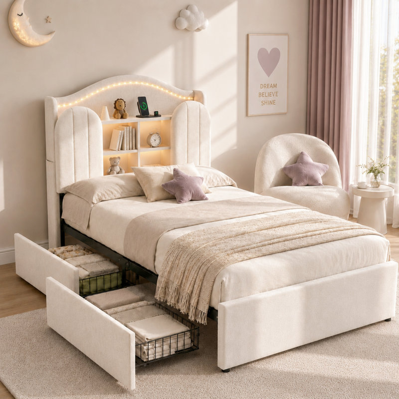 3FT Single Kids Bed Frame with House LED Headboard & Storage, Cream