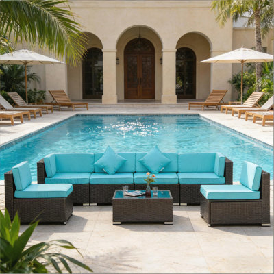 Rattan Outdoor Furniture Conversation Sets, 7 Piece Patio Set with Tempered Glass Table and Comfortable Cushions