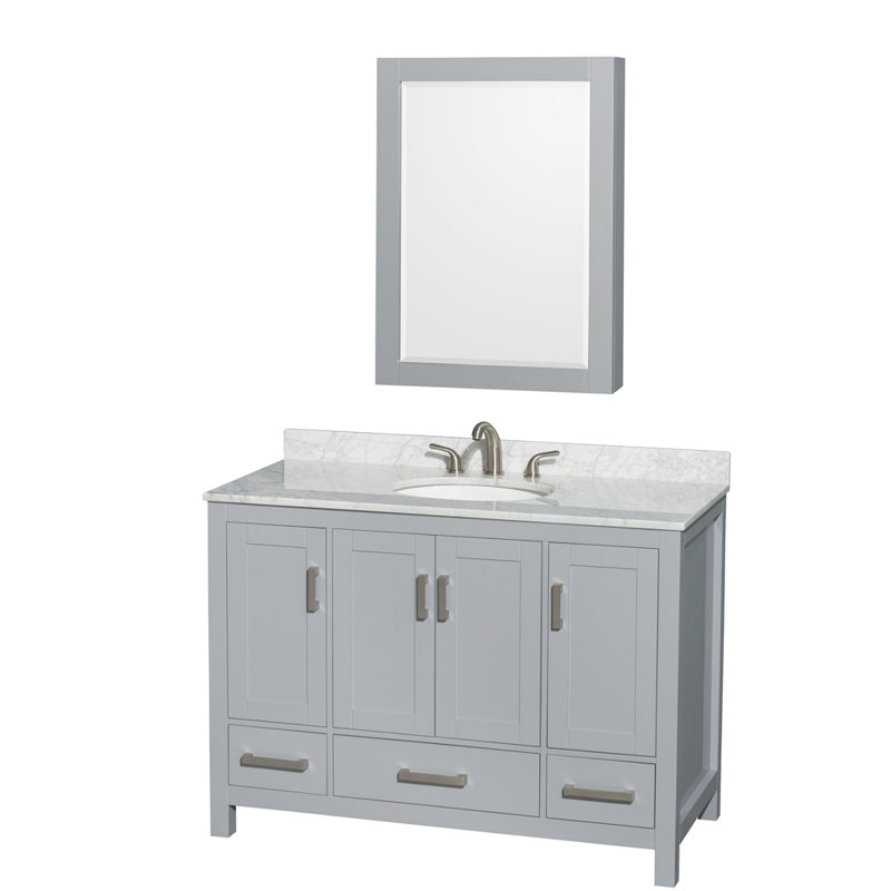 Sheffield 48" Single Bathroom Vanity Set with Mirror, White Carrara Marble, Gray