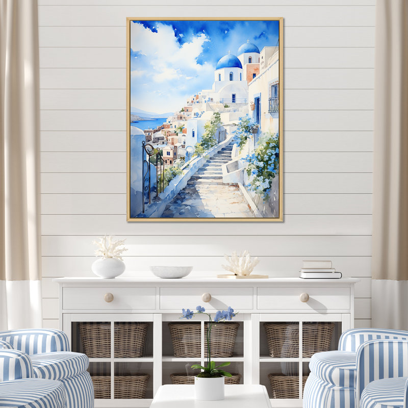 "Village côtier des îles grecques III", H 40 po x l 30 po x P 1,5 po, Cadre flottant brun