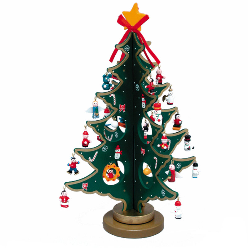 11.75'' Green Wooden Christmas Tree with Mini Ornaments Set