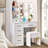 Luquantra White Vanity Desk with Lighted Mirror and LED Light Bulbs, Dressing Table with Cushioned Stool, Drawers and Storage Shelves