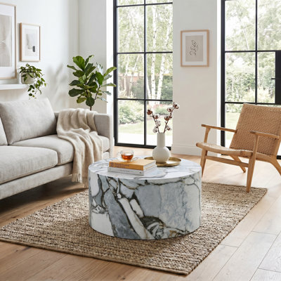 Round Cylindrical Marble Textured Mdf Coffee Table