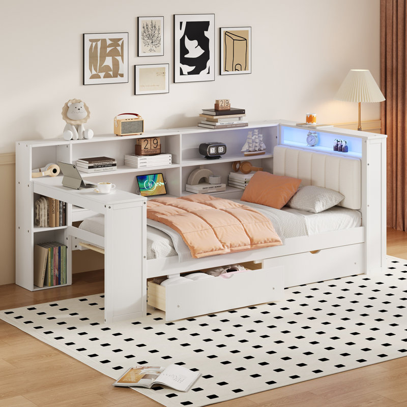 Lit plateforme avec tablettes de rangement, Beige / Blanc, Lit simple