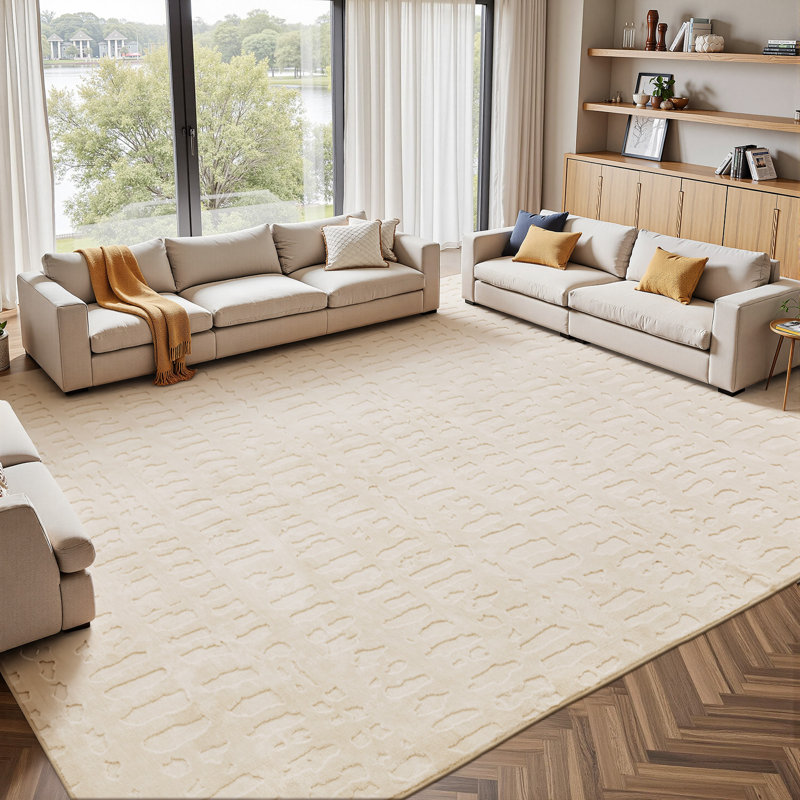 Modern Plush Velvet Carpet Washable Non-Slip Ivory Area Rug, Rectangle 9' x 12'