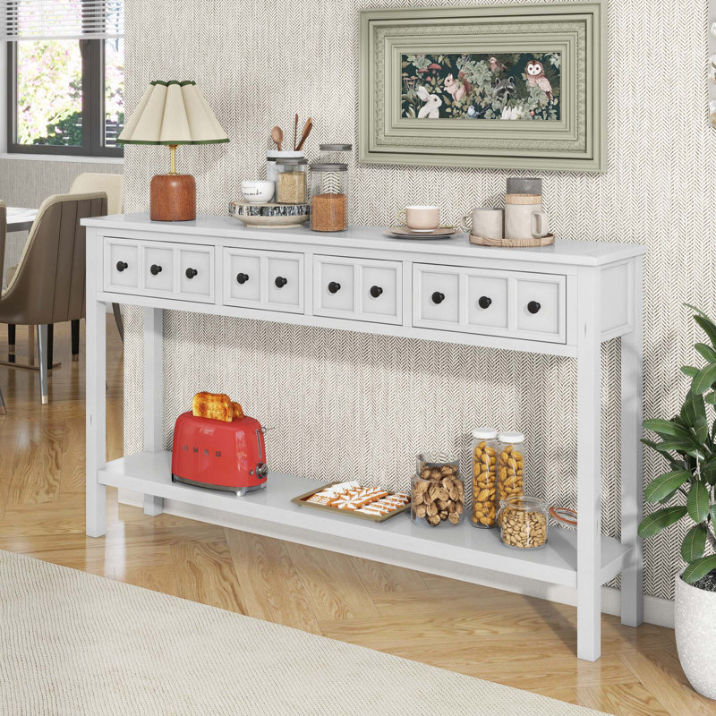 Wood Console Table with two Different Size Drawers, Bottom Shelf, Antique White