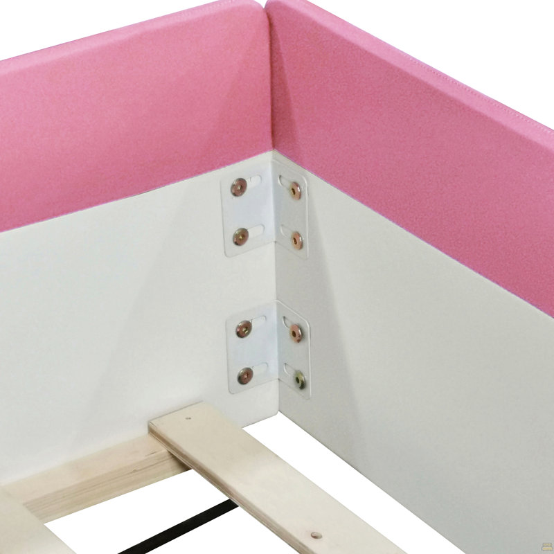 Très grande structure de lit de jour rembourrée avec clôture et escalier, Blanc, rose
