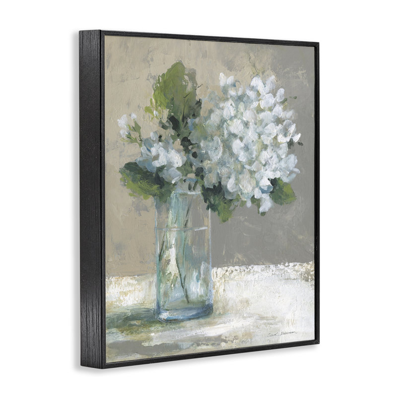 Serre d'hortensias blancs en verre, estampe numérique, design par Carol Robinson, Giclée noire de minuit encadrée