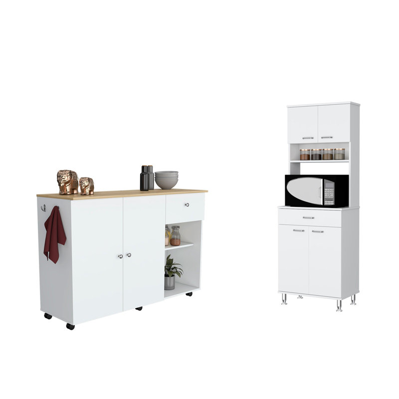 Campbell 2-Piece Kitchen Set with Kitchen Island and Pantry, White/Light Oak