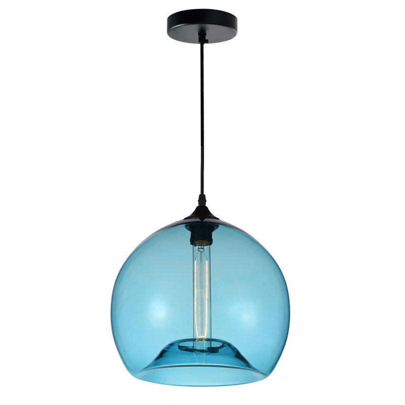 12'' Modern Blue Glass Pendant Light for Kitchen Island, Dining Room, Hallway – 1-Light Down Mini Pendant with Bowl-Shaped Shade – E26 Bulb Compatible