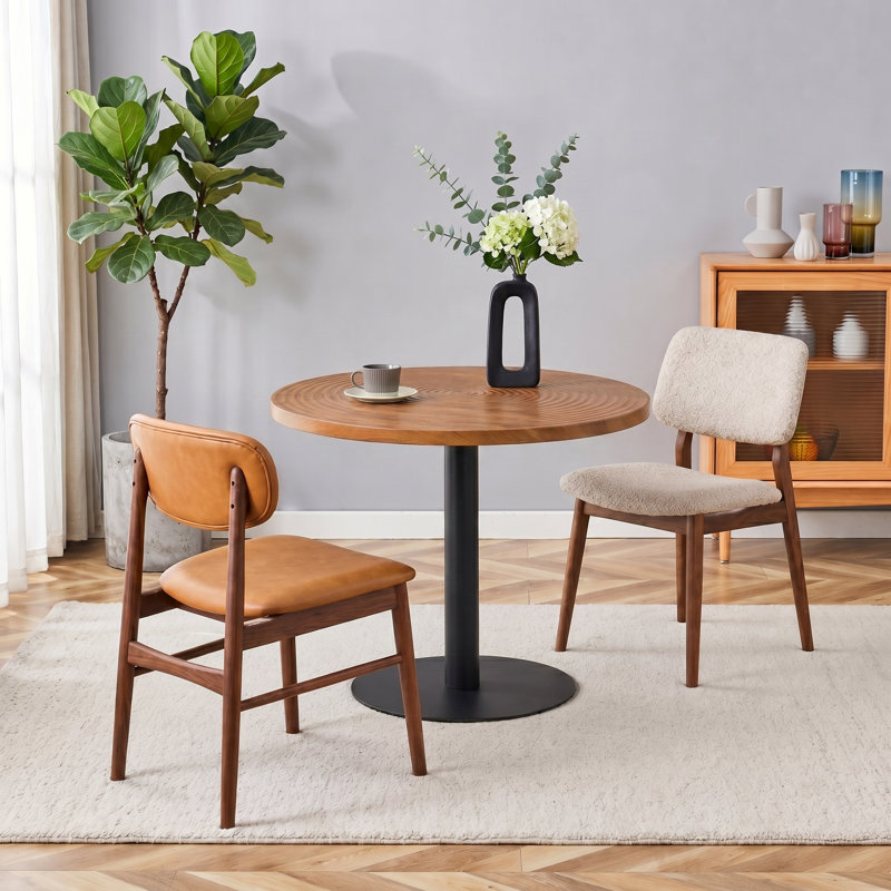 Table de salle à manger 31,5 "à grain de bois rond avec texture annulaire et base en métal noir