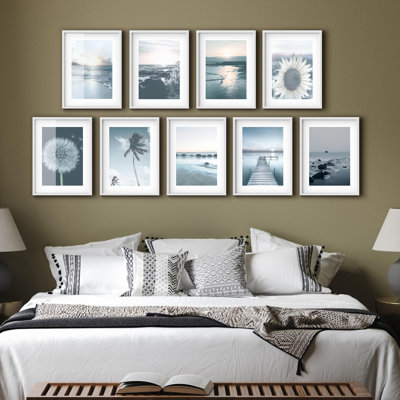 Art mural encadré, ensemble de galerie, collage, paysage nautique et variété florale, photographie océanique, réalisme, plage, paysage coloré pour chambre à coucher, salon, bureau - 11 po x 14 po x 9 blanc