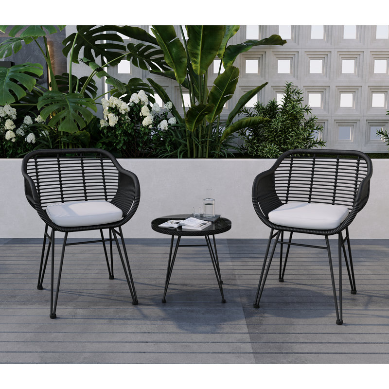 Buschi Wicker/Rattan 2 - Person Seating Group with Cushions, White, Black