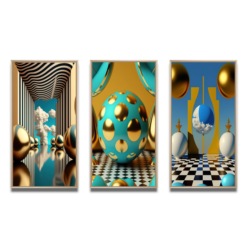 «Golden Spheres Infinity», 3 pièces sur toile, H 40 po x l 60 po, Naturel