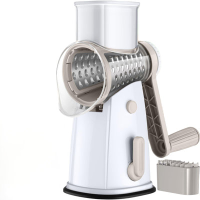 5 Blade Rotary Cheese Grater Hand Crank with Storage Box, Non-slip Suction Base, (White)