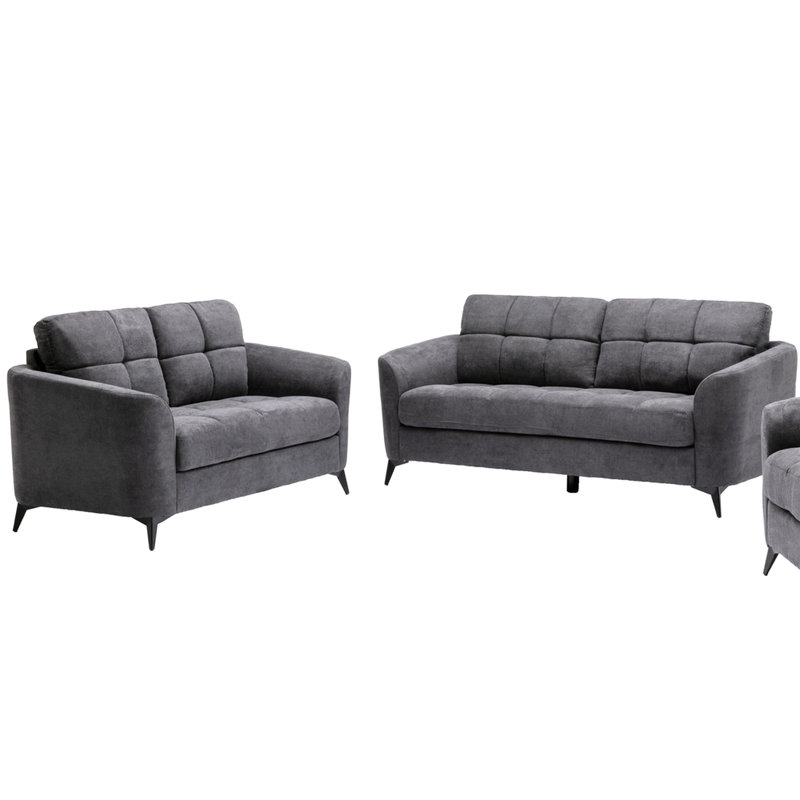 Salon en velours gris, coussin, siège à ressorts ensachés, ensemble de pieds en métal noir,