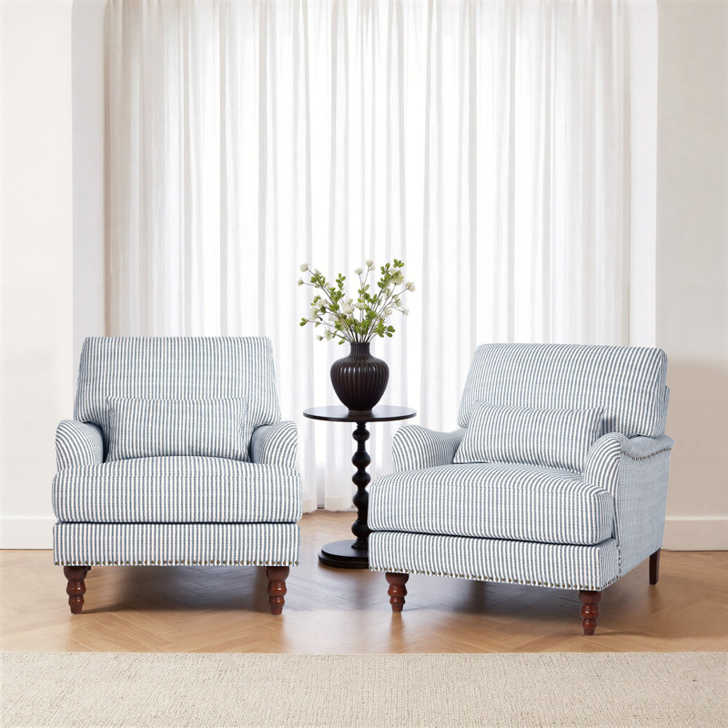 Fauteuil rembourré, Lin bleu à fines rayures