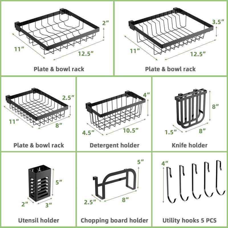 Adjustable Black Metal Over Sink Dish Drying Rack with Utensil Cup