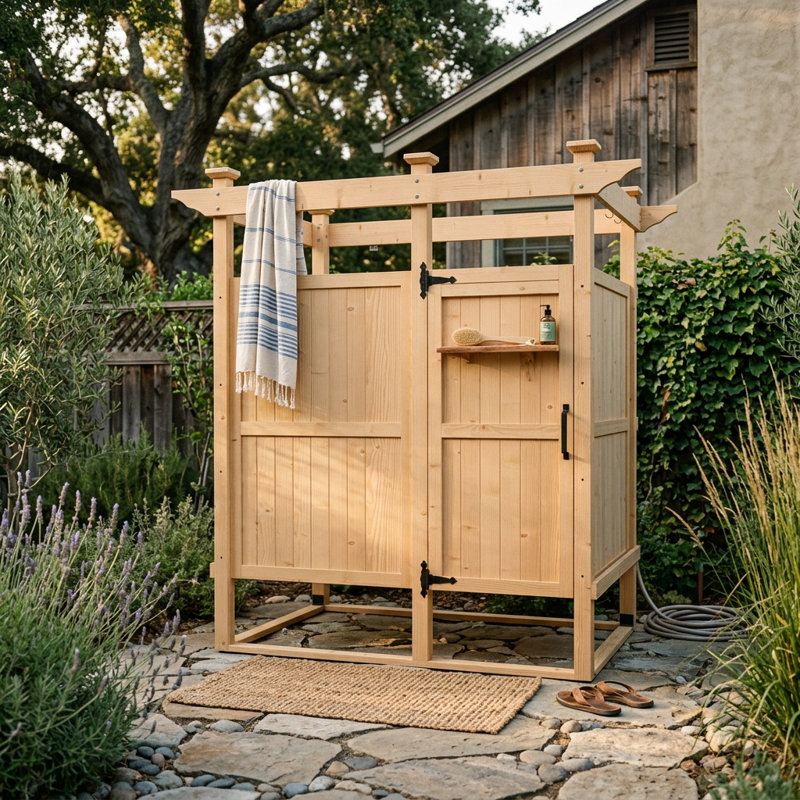 Cabine de douche en bois massif de 83,4 po de hauteur, cabine de douche avec cadre de pergola, cabine de douche au bord de la piscine et cabine de douche extérieure