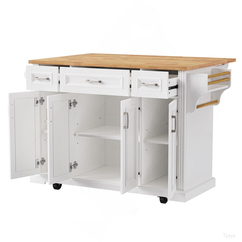 54Inch Large Kitchen Island With Rubber Wood Drop Leaf, Embossed Texture Rolling Kitchen Cart On 4 Wheels With 4 Doors And 3 Drawers, Kitchen Island With Storage For Kitchen, Dining Room,White