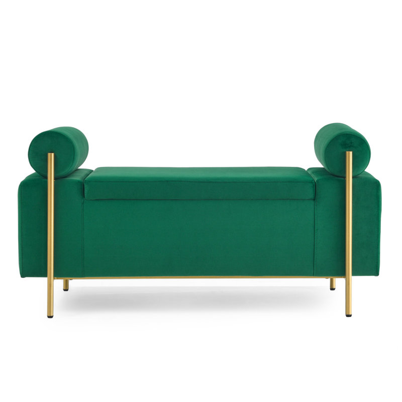 Elegant Upholstered Velvet Storage Bench With Cylindrical Arms And Iron Legs, Green, Green