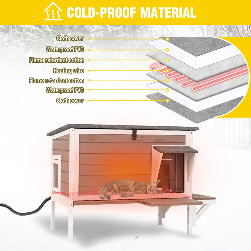 Large Outdoor Heated Cat House with Insulated Liner, Weatherproof Feral Cat Shelter with Heating Pad, Openable Roof & Secure Escape Doors for 1-3 Cats