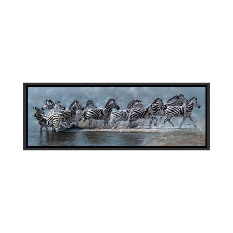 Vol des zèbres - reproduction sur toile tendue, H 12 po x l 36 po x P 1,5 po, Cadre noir
