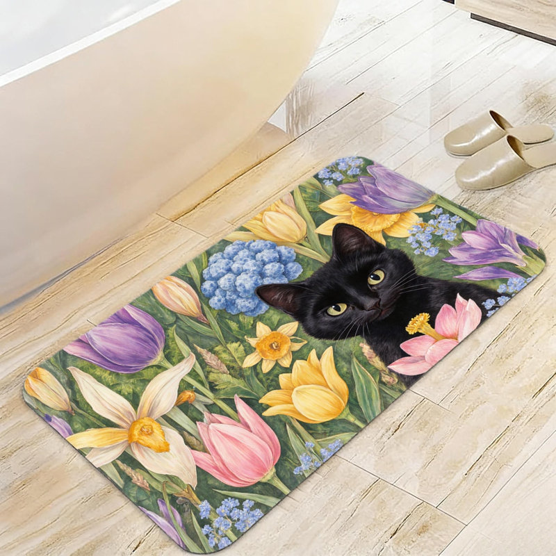 Black Cat Floral 20" x 32" Bath Rug for Bathroom Bedroom Multicolor
