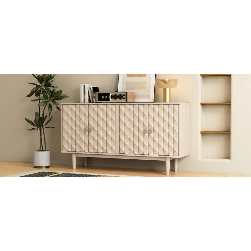 Buffet moderne à 4 portes avec portes à motif convexe et 2 poignées, Amande