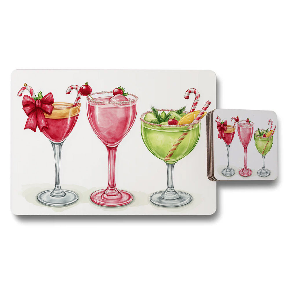 Cocktail Glasses Placemat and Coaster Set With Colorful Drink Artwork