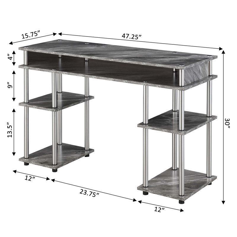 Edwin No Tools Writing Desk with Shelves, Gray Faux Marble/Silver Poles