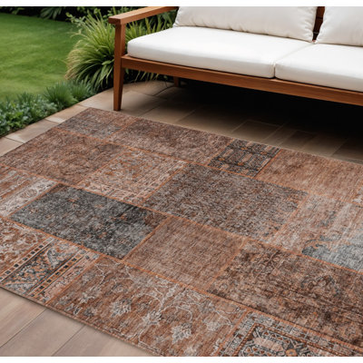9' X 12' Terra Cotta Copper And Charcoal Patchwork Washable Indoor Outdoor Area Rug