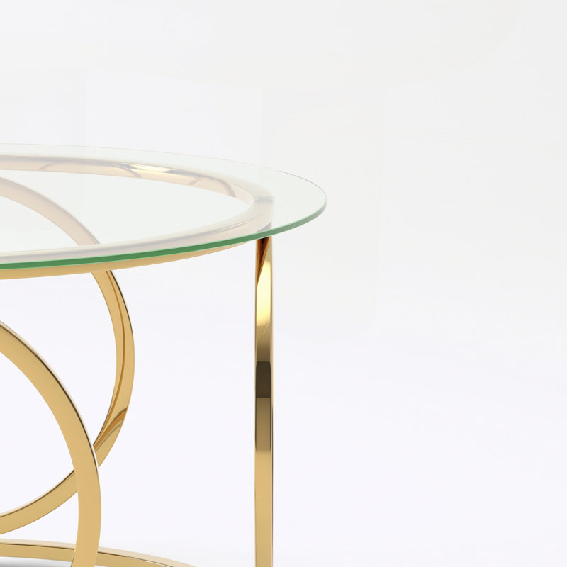 Table basse moderne avec plateau rond en verre et structure circulaire en métal, Transparent / doré