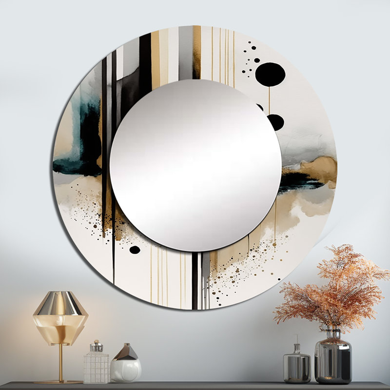 Piguerias Abstract Transitional Modern Shapes I - Abstract Shapes Large Wall Mirror, Black Round Decorative Mirror, Printed Metal Art