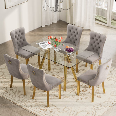 Ensemble de table de salle à manger rectangulaire en verre trempé, table de salle à manger de luxe avec chaise de salle à manger en velours capitonné