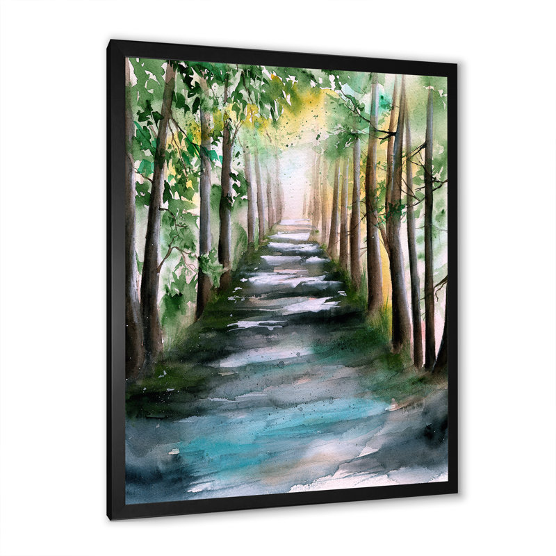 Une allée de forêt ensoleillée avec des ombres d'arbre - peinture sur toile, Toile avec cadre de coin noir fermé