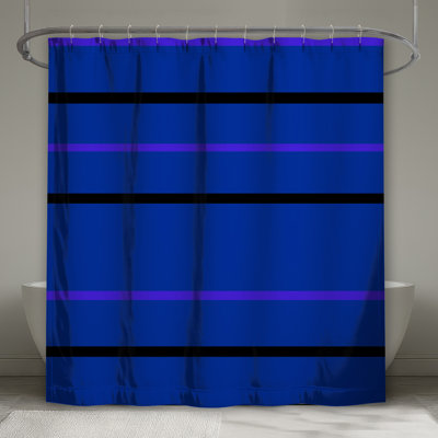 Rideaux de douche très longs à rayures bleues, mauves et noires