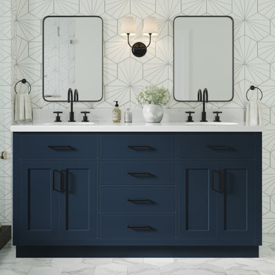 Ensemble de meuble-lavabo double en bois massif 66 po avec plateau en quartz blanc 1,5 po Thornaby, lavabos ovales