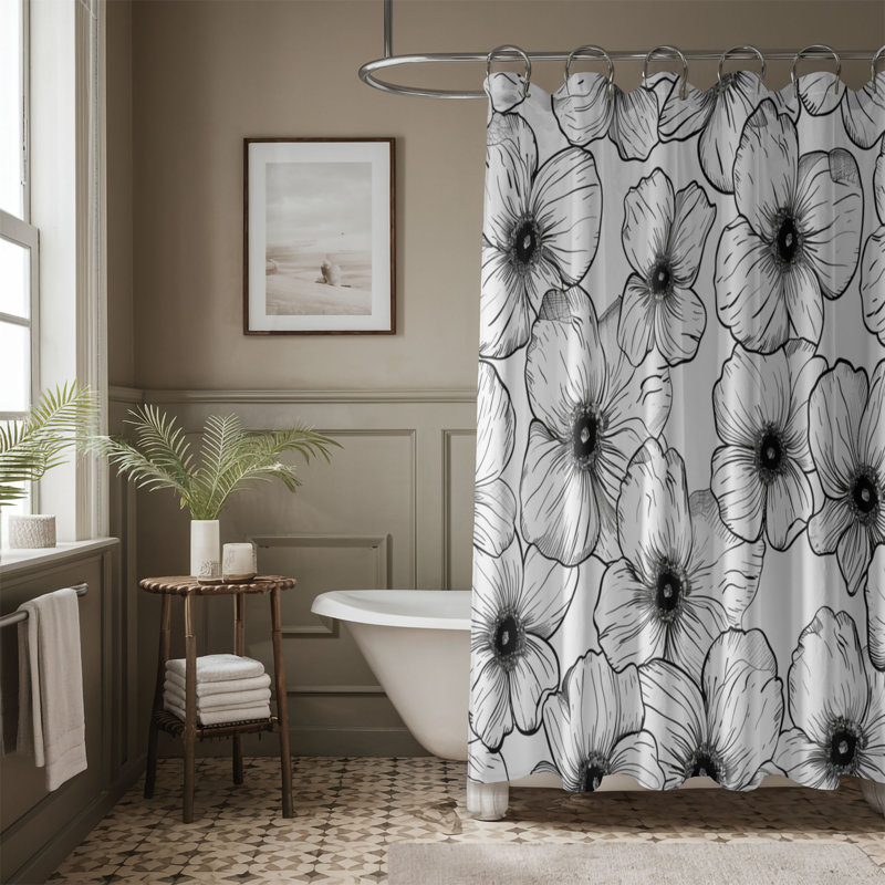 Noir et blanc Botanical Designs - Rideau de douche standard 1 pièce, H 74 po x l 71 po