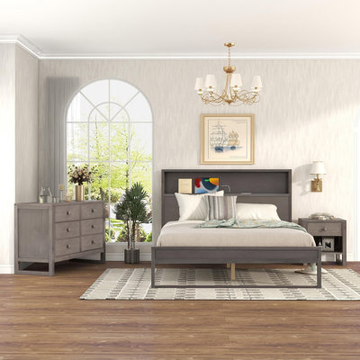 Lit plateforme 3 pièces avec table de chevet et commode