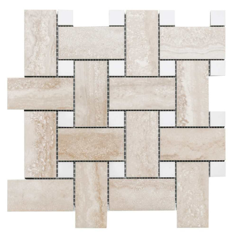 Carreau de mosaïque en porcelaine polie 13 po x 13 po Stately Basketweave, Beige travertin